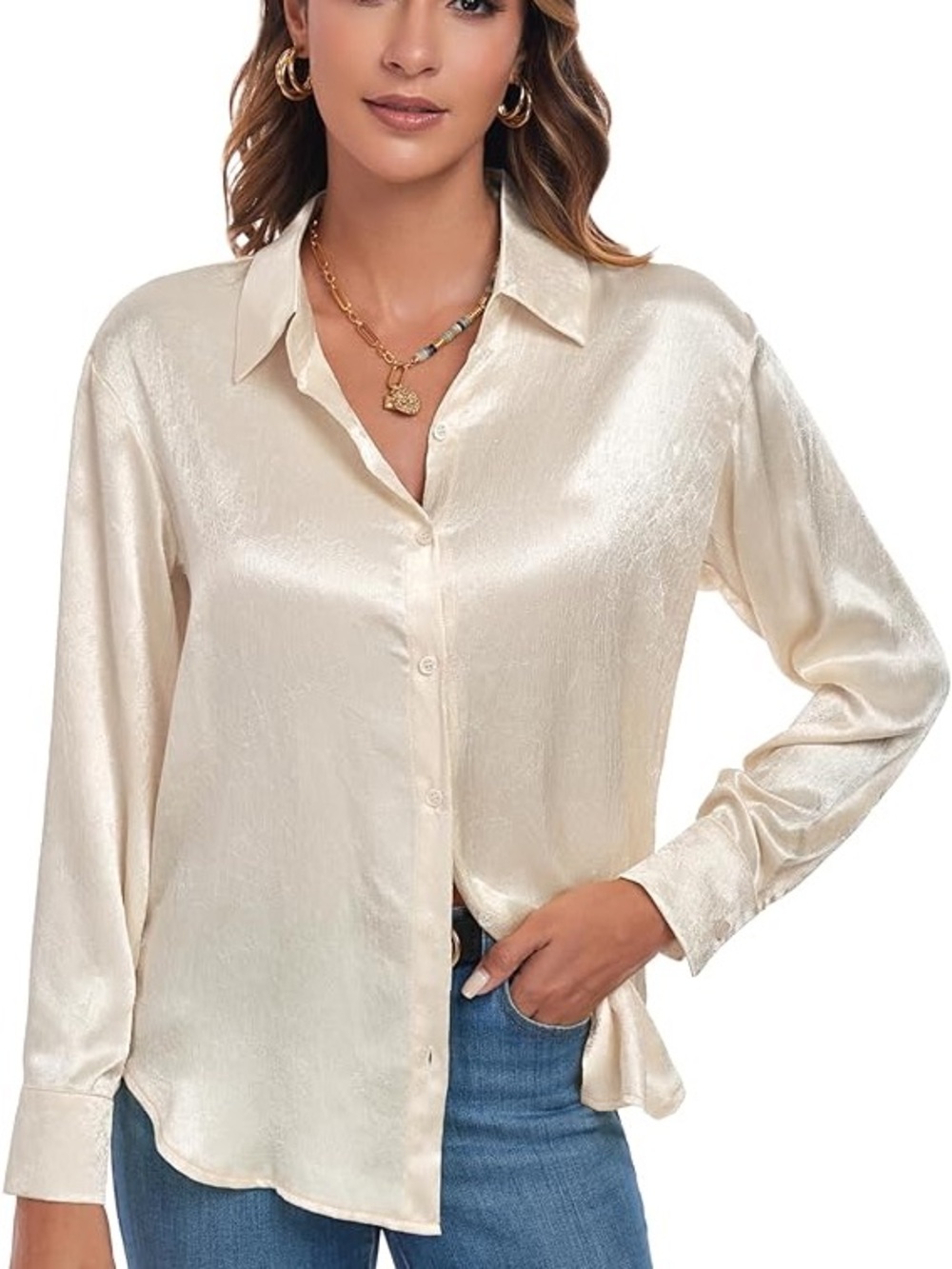 Gold Satin Button-Front Blouse